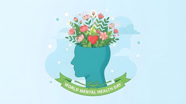 A conceptual illustration of a human head silhouette blooming with colorful flowers and plants to celebrate world mental health day in a peaceful artistic style