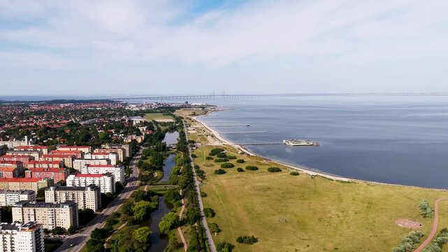 Fly over Ribersborg, Malm&ouml;, &Ouml;resund bridge in background