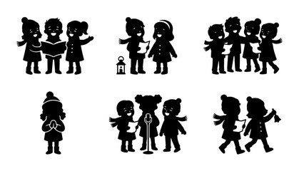 Obraz premium Black silhouettes of children singing carols, holiday graphic