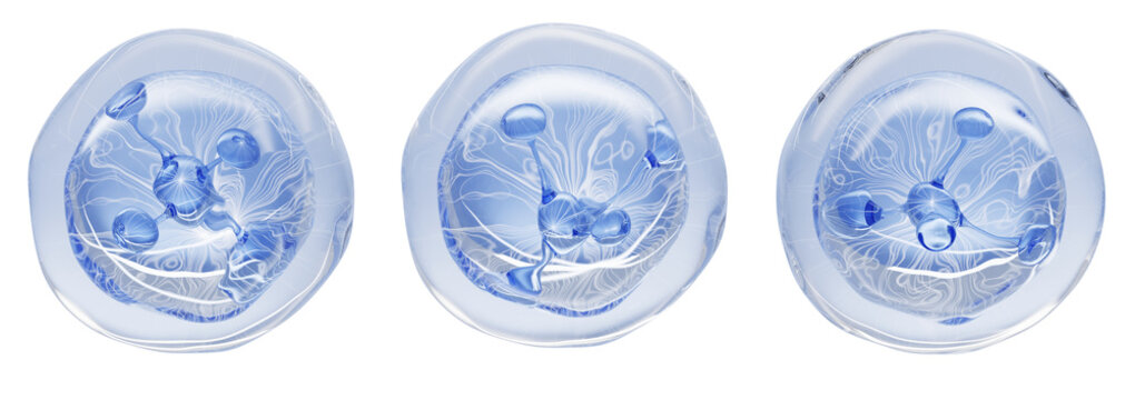 Blue molecule bubble 3d set, transparent gel cleanser or water drop. Aqua moisture lotion, hyaluronic acid serum, liquid cosmetic sphere ball. Beauty science lab, skin care product
