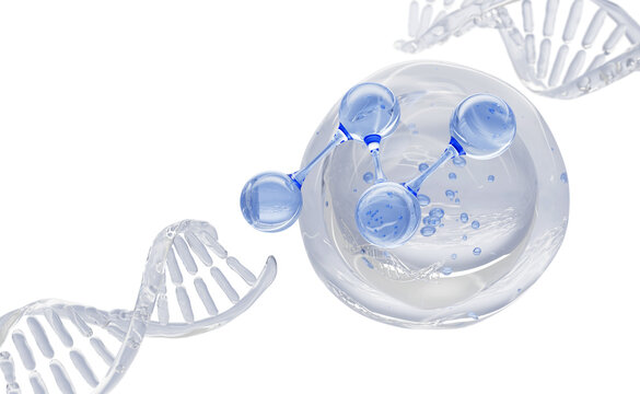 Blue molecule bubble with transparent liquid DNA structures floating in clear water. Cosmetic lab 3d background. PDRN serum drop with peptide, hyaluronic acid. Beauty skincare formula