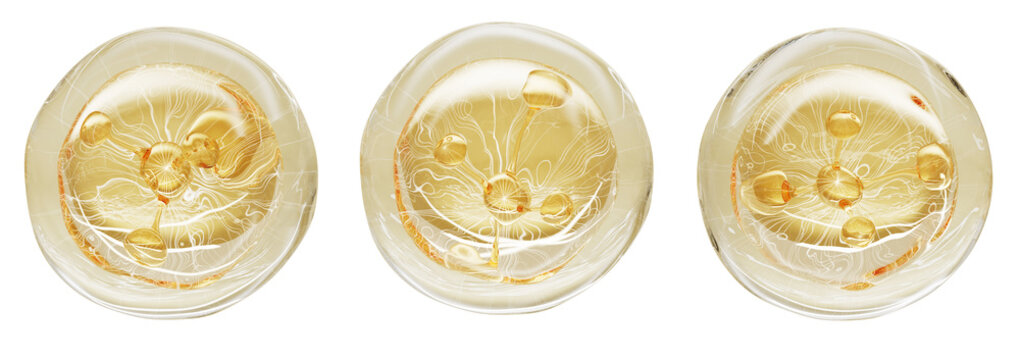 Collagen cell bubble 3d set with gold molecule on liquid bg. Genetic cosmetics, beauty science lab. Light yellow oil balls, PDRN honey serum drops with salmon DNA, panthenol, peptides