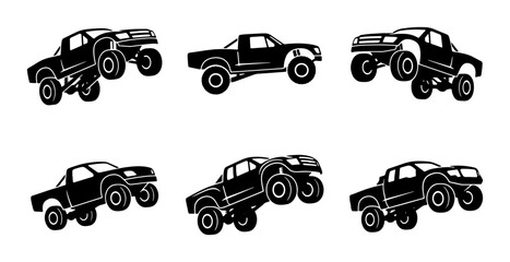 Black monster trucks set, off road vehicles, graphic design © Md