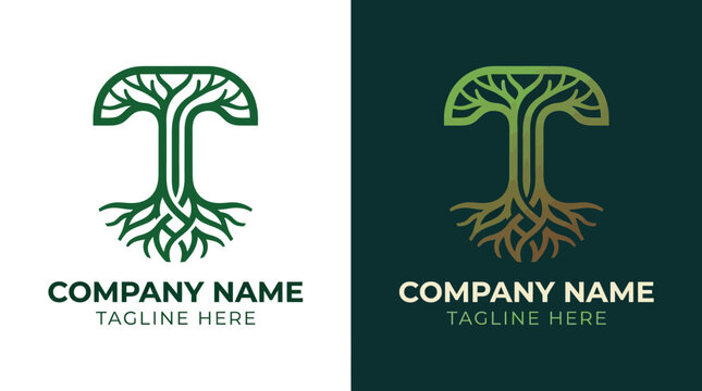 Minimalist letter T logo design featuring a stylized tree with roots.