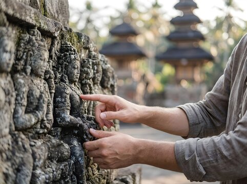 Tourist hands touching ancient stone relief carvings at a temple