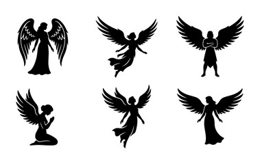 Fototapeta premium Black angel silhouettes with wings, graphic design elements for