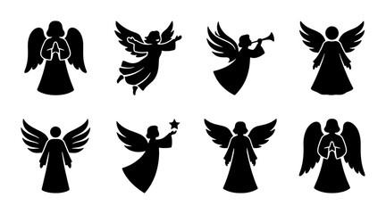 Obraz premium Black angel silhouettes with stars and trumpets, graphic design icons