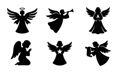Obraz premium Black angel silhouettes, set of six, graphic design elements