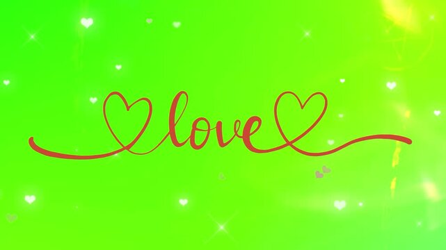 Glowing red script gracefully spelling the word 'love' with decorative heart symbols shines vibrantly against a luminous green background, evoking feelings of deep affection, passion, and heartfelt.