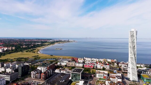 Turning Torso, &Ouml;resund bridge, Ribersborg, Malm&ouml;, Western Harbor drone view