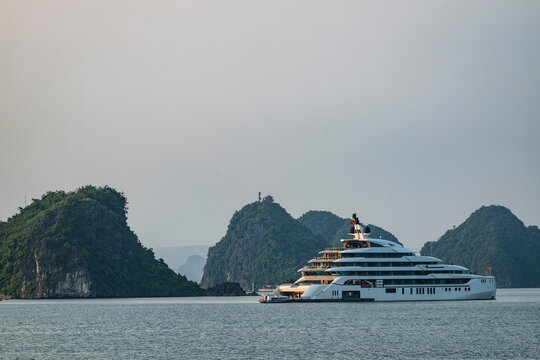 Luxury cruise ship anchored in scenic Ha Long Bay Vietnam