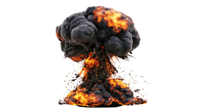 Massive mushroom cloud explosion with fiery orange flames and dark smoke, isolated on transparent background