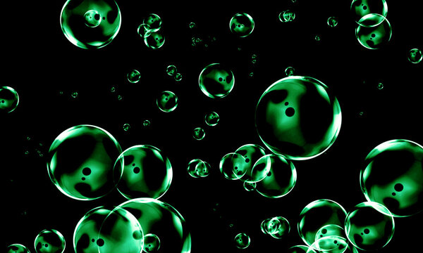 Glowing neon green spheres floating gracefully in deep darkness captured with sharp focus and smooth reflective surfaces creating abstract art suitable for modern digital backgrounds