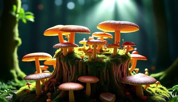 Glowing orange mushrooms on a mossy stump in an enchanted forest, 4K video