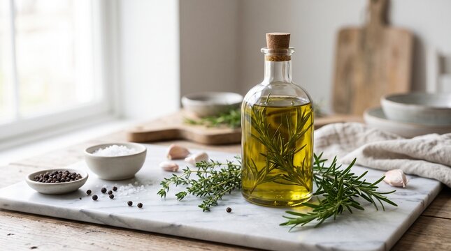 Infused extra virgin olive oil bottle with rosemary herbs and peppercorns on marble board depicting organic culinary seasoning