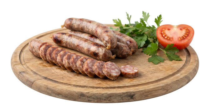  Sliced sausages on wooden cutting board with parsley and tomato