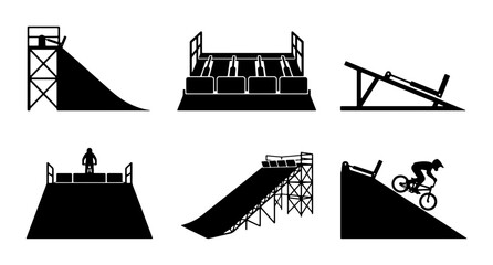 Fototapeta premium Black silhouette extreme sports ramps and obstacles, graphic elements