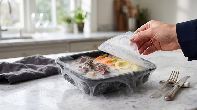 Hand opening plastic film on steaming hot frozen meal tray with beef stew and mashed potatoes depicting convenience ready to eat food