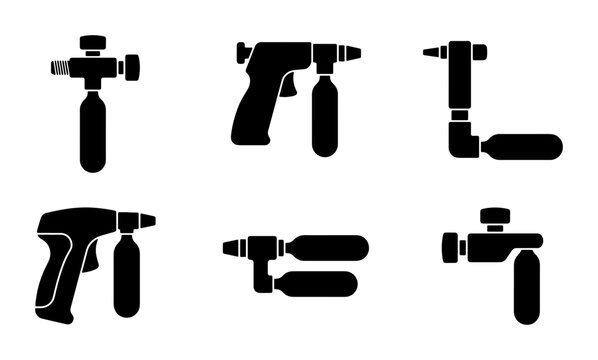 Black icons of pneumatic tools and equipment, graphic symbols for