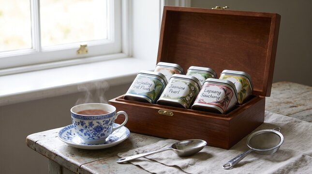 Wooden tea gift box with assorted porcelain tins and a steaming cup