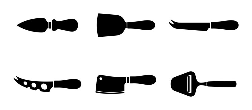 Black kitchen utensil icons, cheese knives and slicer, graphic