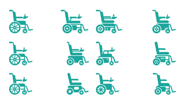 Teal Green Electric Wheelchair and Power Chair Icon Set Featuring Diverse Mobility Aid Designs with Joysticks and Footrests for Medical Accessibility and Healthcare Interface Graphics.