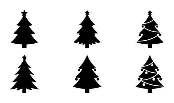 Black Christmas trees silhouettes, graphic set for holiday design