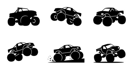 Black monster truck silhouettes, off road vehicles, graphic elements © Nime
