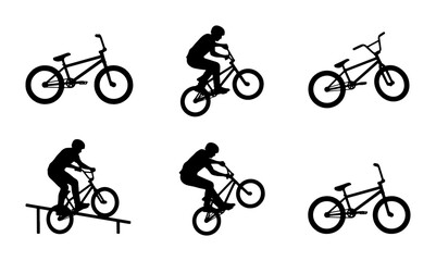 Fototapeta premium Black BMX rider silhouettes on white background, extreme sport action