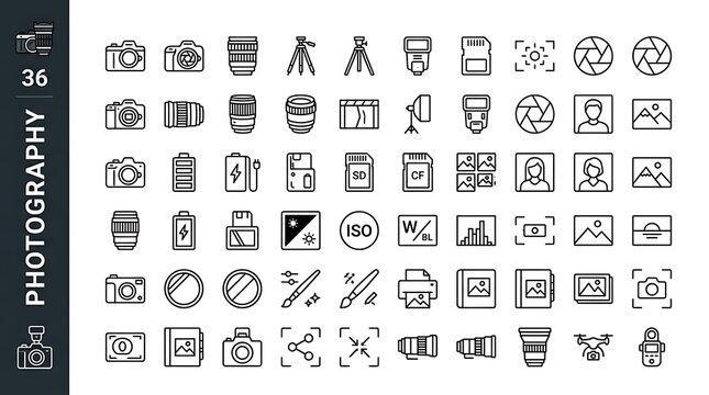 Minimalist photography icons set of 56 vector illustrations