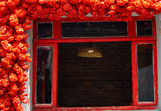 Vibrant red bougainvillea flowers framing a rustic red window in an old Istanbul street with a vintage hanging lamp inside