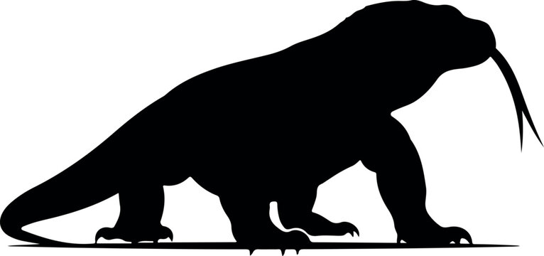 Komodo dragon lizard flicking tongue pure black silhouette vector