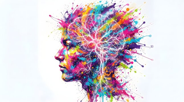 A vibrant artistic illustration of a human head profile exploding with colorful paint splashes representing complex thoughts and emotions for world mental health day awareness