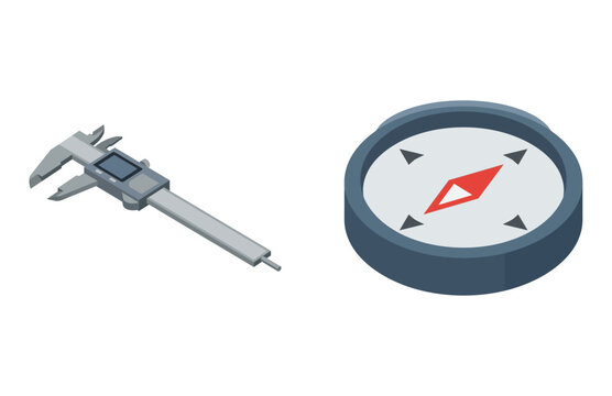 Isometric Illustration Featuring a Precision Vernier Caliper and a Magnetic Navigation Compass