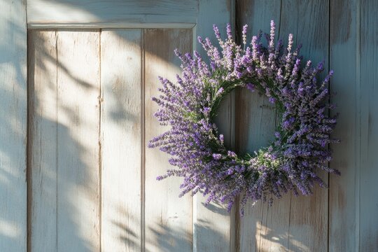 Lavender wreath on vintage wooden door in soft sunlight, rustic floral decor with purple bloom and shadow