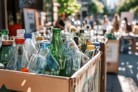 Recycling bin filled glass bottles street collection glass waste recycling process outdoor market sustainable cleanup transparent bottle green bottle cardboard box environmental care
