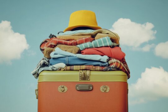 Suitcase clothing hat travel luggage stack vacation packing closure sky