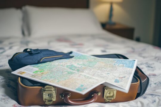 Suitcase on hotel bed with city map, travel bag ready for trip, bedroom interior, planning journey, tourism concept