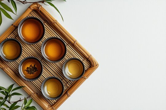 Top down view of tea tray with cups, bamboo tray, ceramic cup, loose leaf tea, herbal tea, white background, natural light