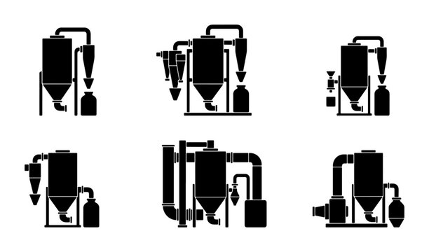 Collection of six industrial drying or grinding machine silhouettes
