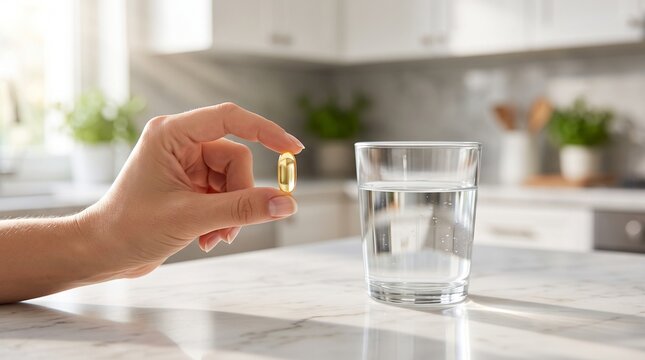 Person holding omega 3 softgel capsule next to glass of water symbolizing dietary supplement and daily healthcare habit