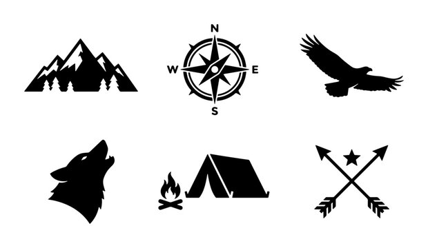 Wilderness icons: mountains, wolf, eagle, compass, tent and arrows