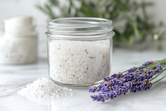 Lavender bath salt in clear glass jar with crystal grain and fresh flower on white table