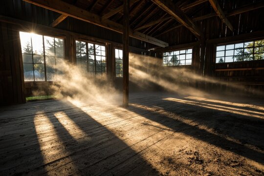 Sunbeam rays through window in old wooden barn, dusty interior with dramatic light and shadow
