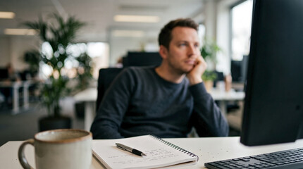 Obraz premium Man unfocused at office desk, appearing thoughtful while sitting in a bright modern workspace environment. Professional person unfocused at office desk with computer, notebook, and coffee mug.
