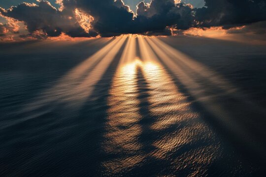 Sunbeam cloud ocean water reflection horizon sky sunset ray light dramatic golden dark sea seascape tranquil calm nature atmosphere cloudscape dusk dawn beam shadow ripple surface scenic tranquil