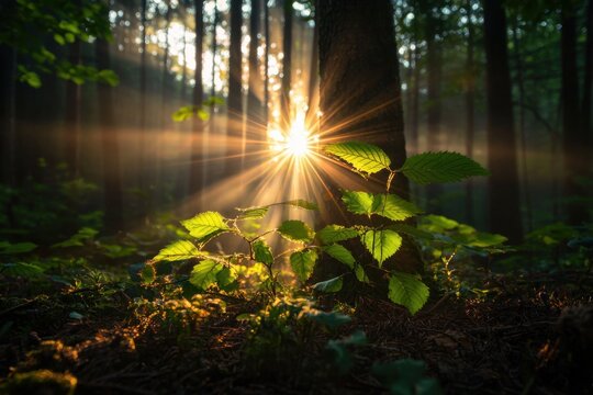 Sunbeam forest green leaf tree trunk woodland nature sunlight mist undergrowth backlit morning glow