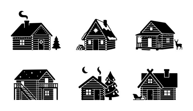 Six black silhouette log cabins with winter or Christmas scenes