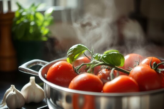 Boiling tomato in stainless steel pot with basil and garlic in kitchen steam