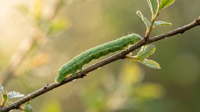 inchworm close up at morning light in temperate forest usa video